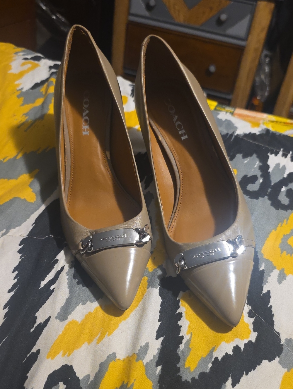 Coach Taupe Patent Leather Pointed Toe Heels with Silver Hardware